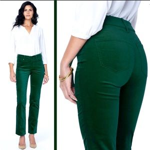 NYDJ emerald Green Velvet Marilyn Straight Pants 12 High Rise Waist Lift Tuck